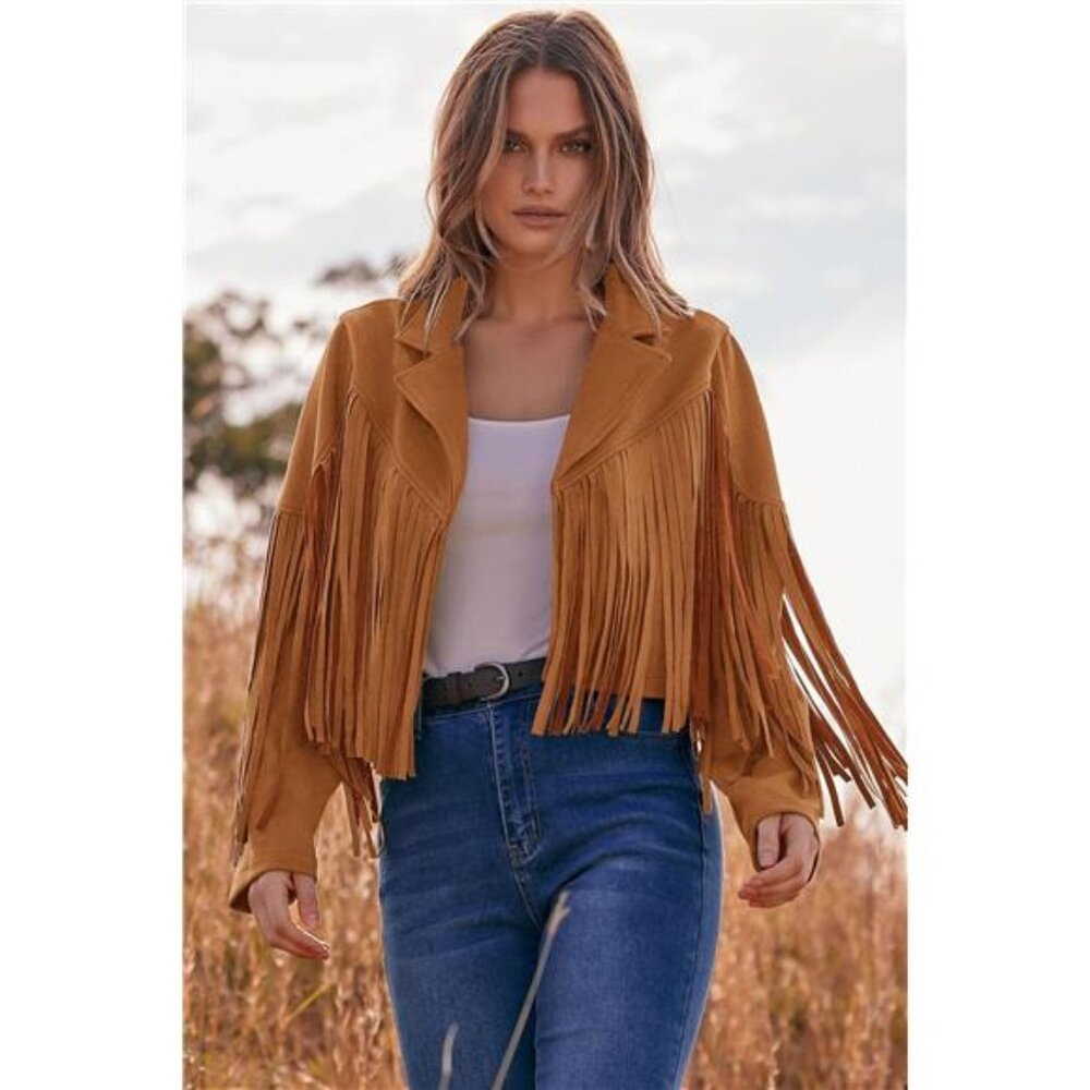 Women's Fringe Faux Suede Leather Jacket Tassel Cropped Coat - Picture 5 of 7